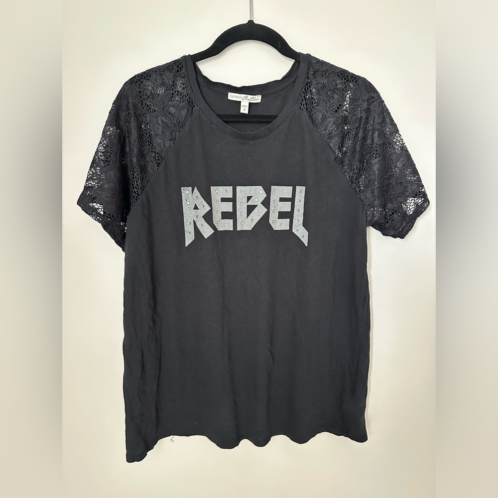 Express Women Black Lace Short Sleeve Casual Top Size L